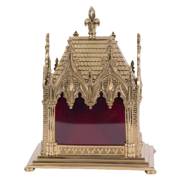 Traditional French relic shrine with polished brass and lacquered finish, featuring a clear glass front to display your relic
