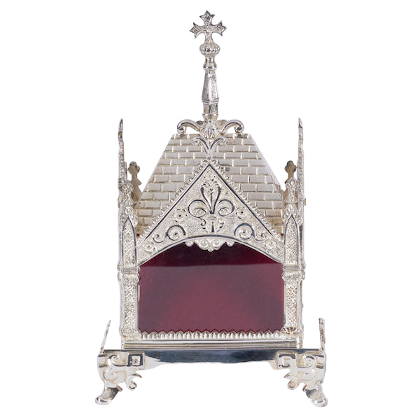Ornate Silver plated reliquary shrine with clear glass on all four sides. Removable top to display your relic