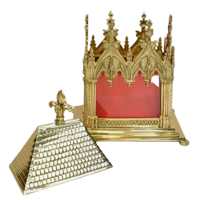 large brass relic shrine house shown with removable top.