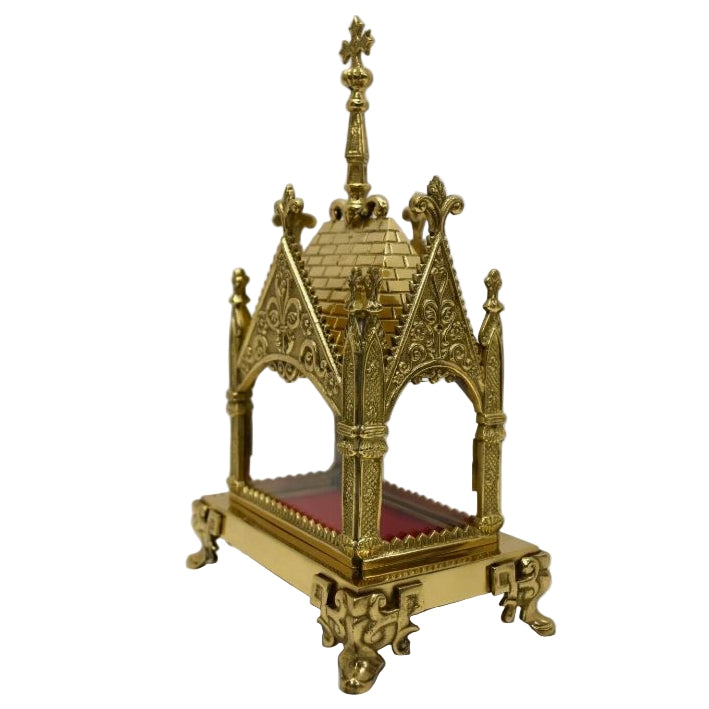 gothic brass relic shrine with clear glass on all four sides. to display your relic.