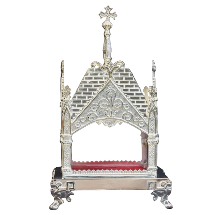 Ornate Silver plated reliquary shrine with clear glass on all four sides. Removable top to display your relic