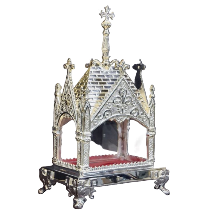 Ornate Silver plated reliquary shrine with clear glass on all four sides. Removable top to display your relic