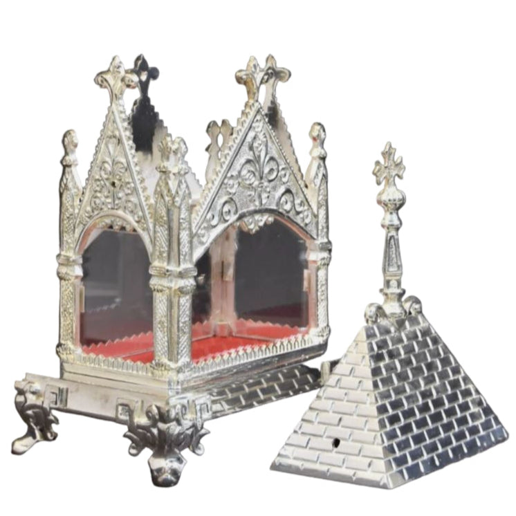 Ornate Silver plated reliquary shrine with clear glass on all four sides. Removable top to display your relic