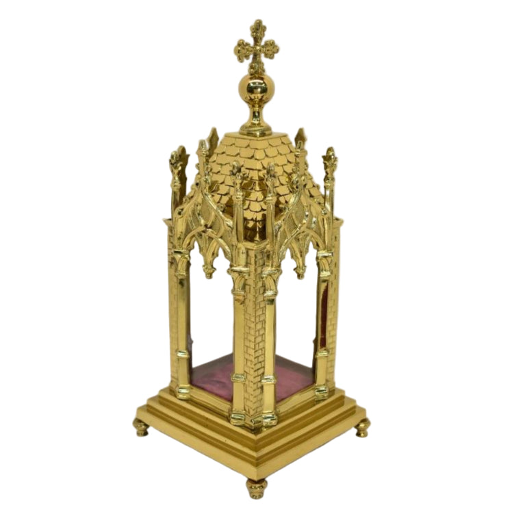 A polished brass relic shrine with glass on all four sides. Removable top to display your relics.