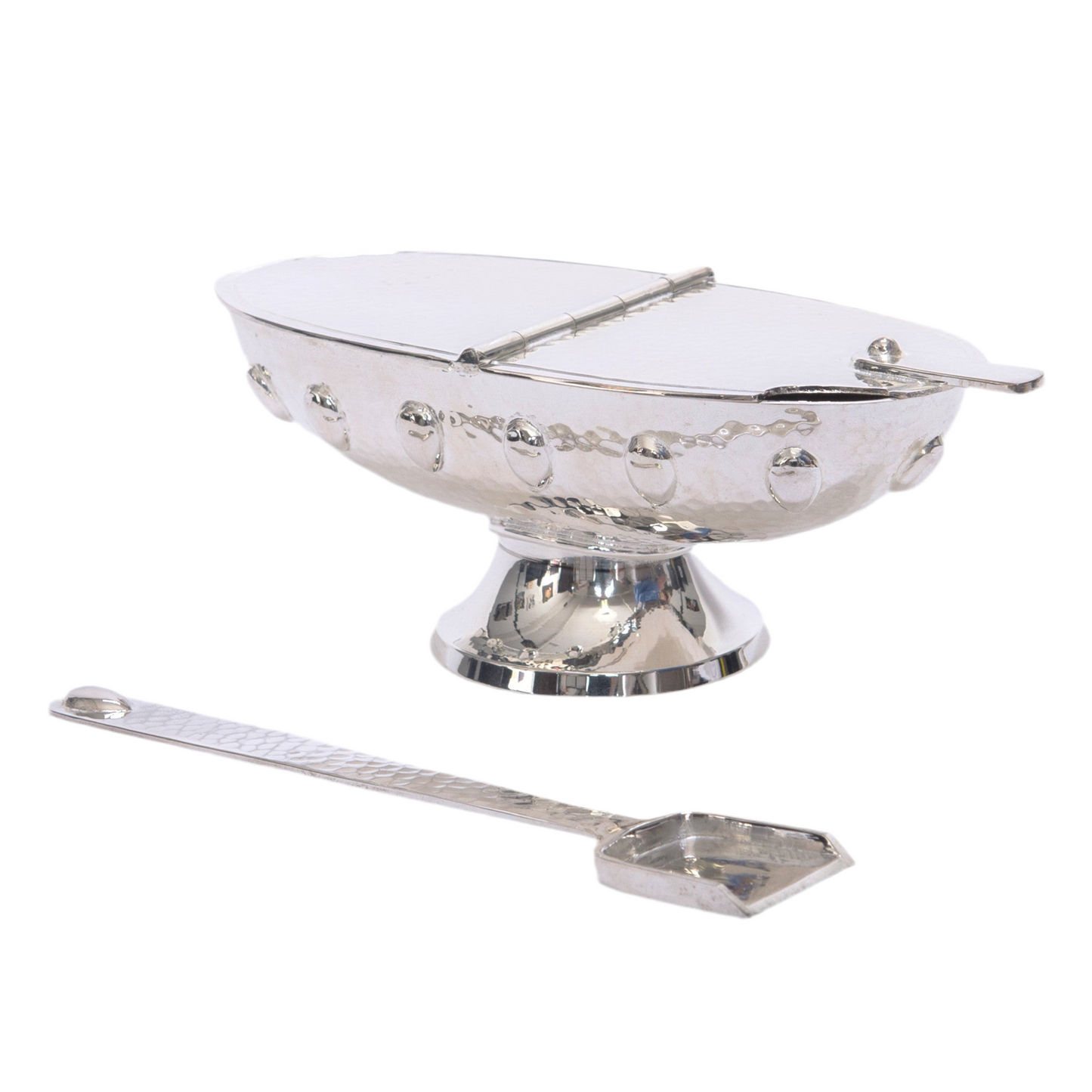 Classic cathedral style silver plated incense boat and spoon set for a censer, cathedral style incense boat and spoon, silver plated incense boat and spoon set, incense boat and spoon set for a censer