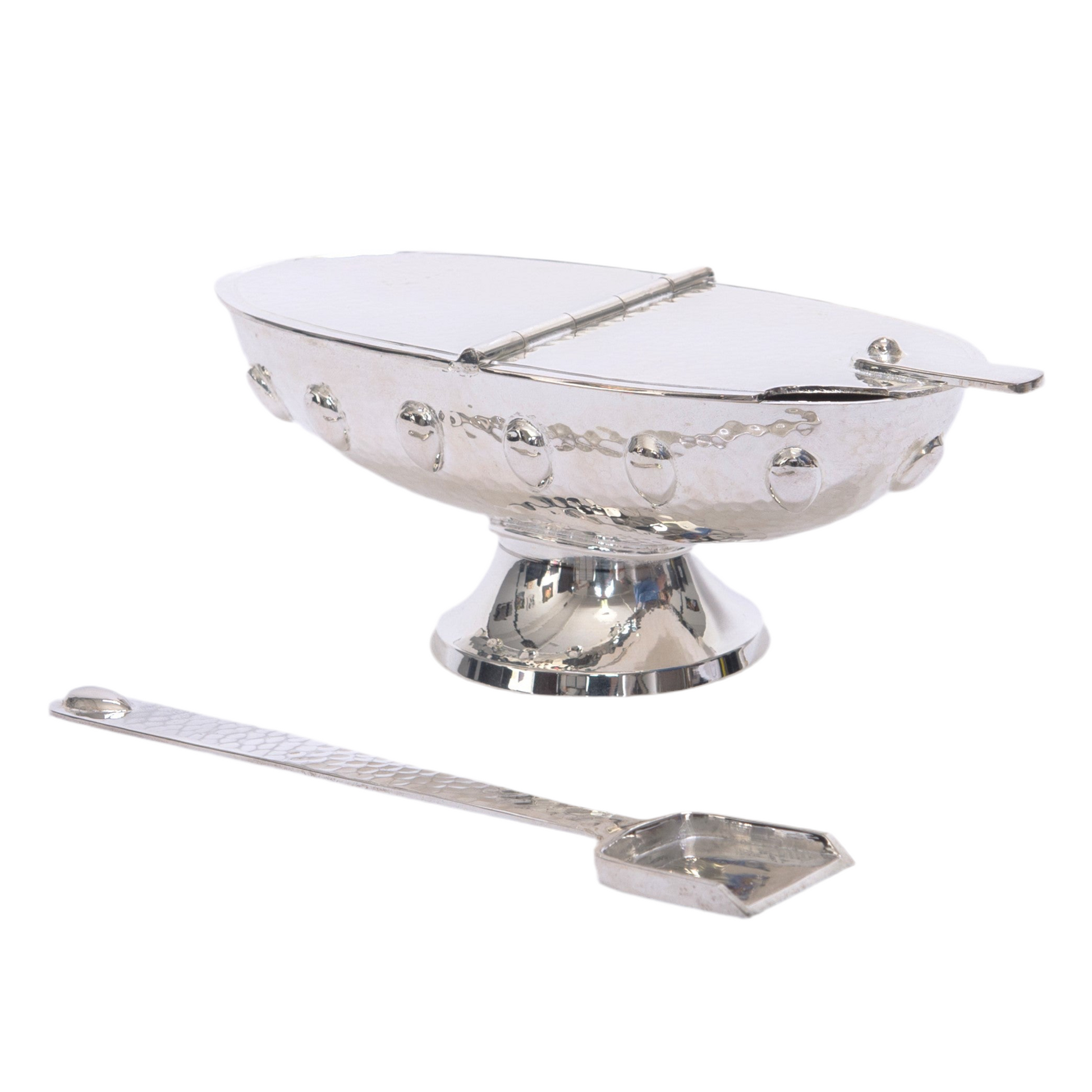 Classic cathedral style silver plated incense boat and spoon set for a censer, cathedral style incense boat and spoon, silver plated incense boat and spoon set, incense boat and spoon set for a censer