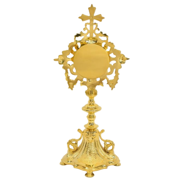 Gold plated french baroque style reliquary with glass on the front and a removable back door to house your relic.