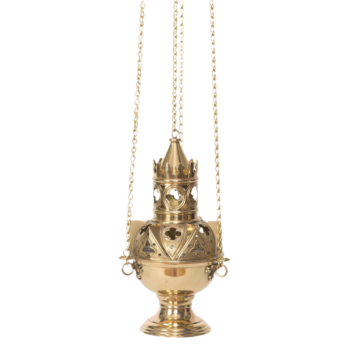 Traditional style brass censer, thurible, brass traditional censer, brass traditional style thurible, brass censer with removable charcoal cup, censer, brass censer, triple chain brass censer, traditional style censer hanging, hanging brass censer, hanging brass thurible