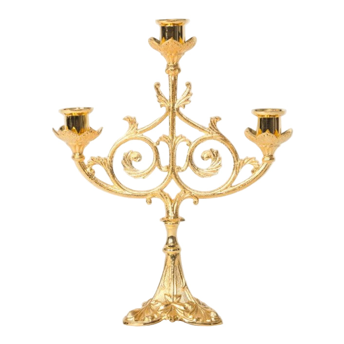 Decorative gold plated 3 light candelabra, traditional 3 light gold plated candelabra