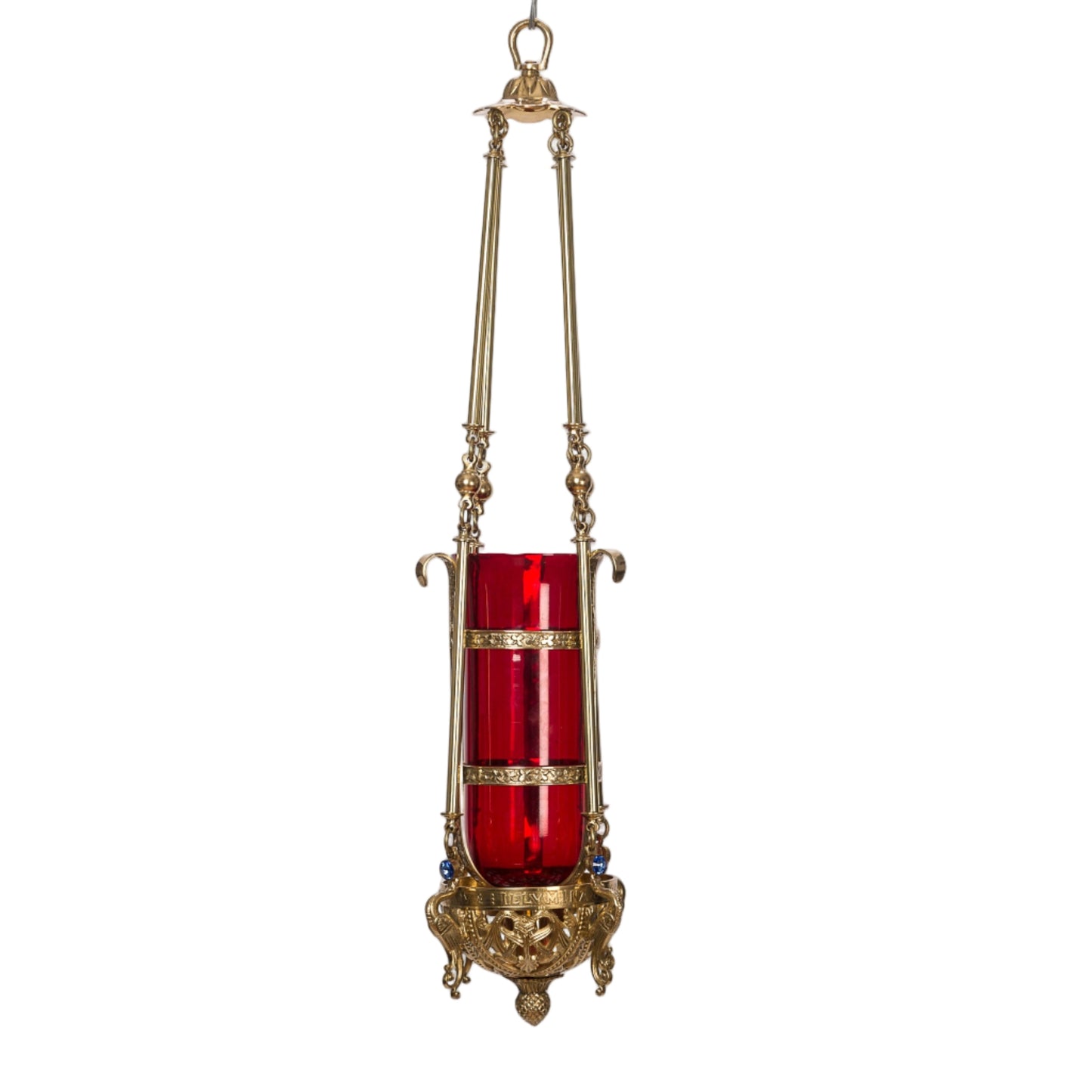 Simple traditional hanging sanctuary lamp. Sturdy chains. Polished brass and lacquered. 4 blue stones set into the bottom