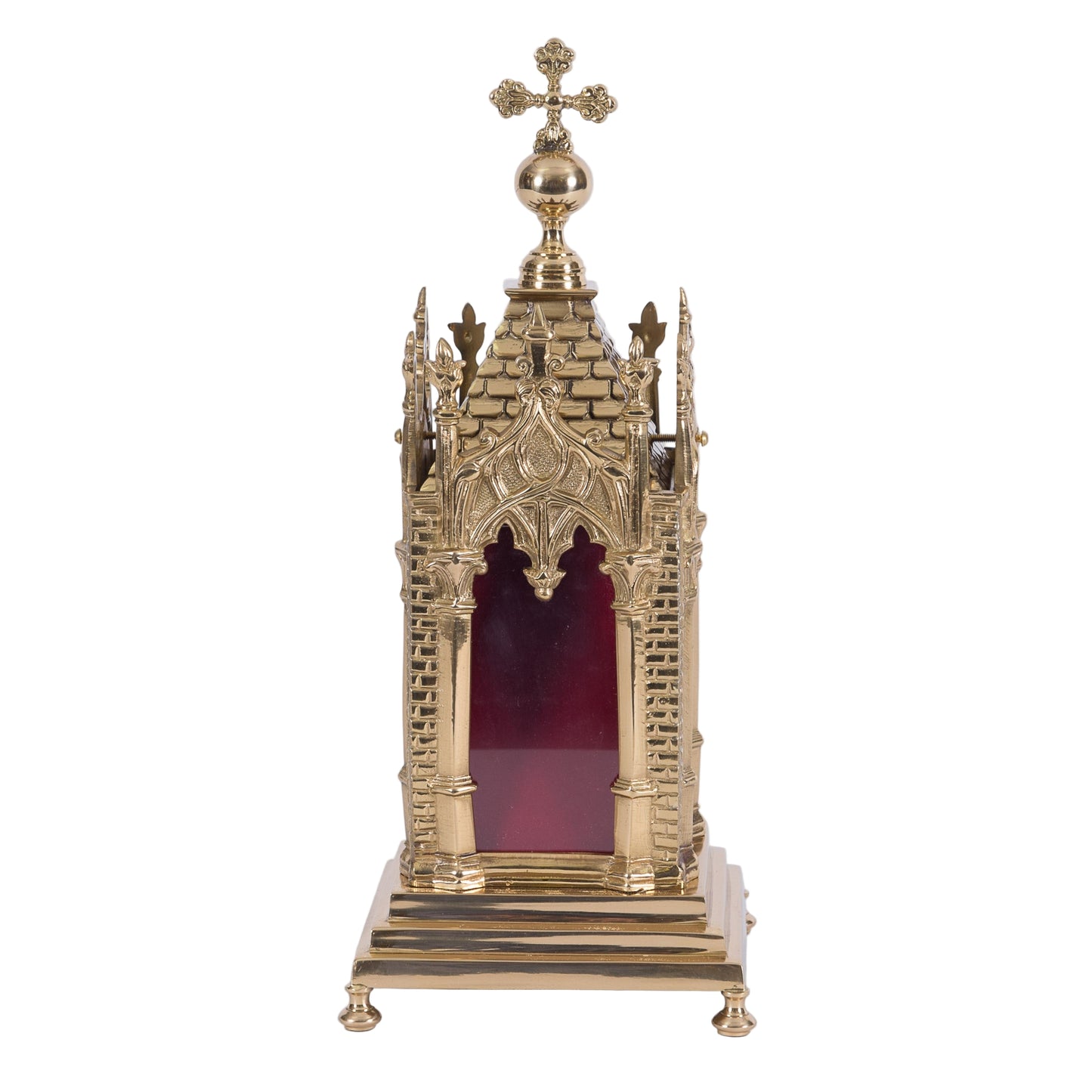 A polished brass relic shrine with glass on all four sides. Removable top to display your relics.