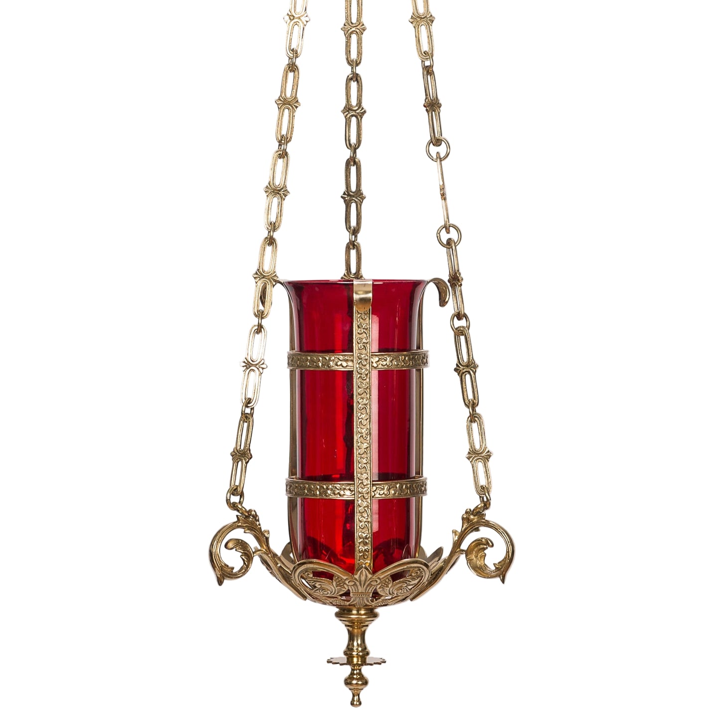 Traditional hanging sanctuary lamp for your church. Ornate sturdy brass chains. Shown with red globe.