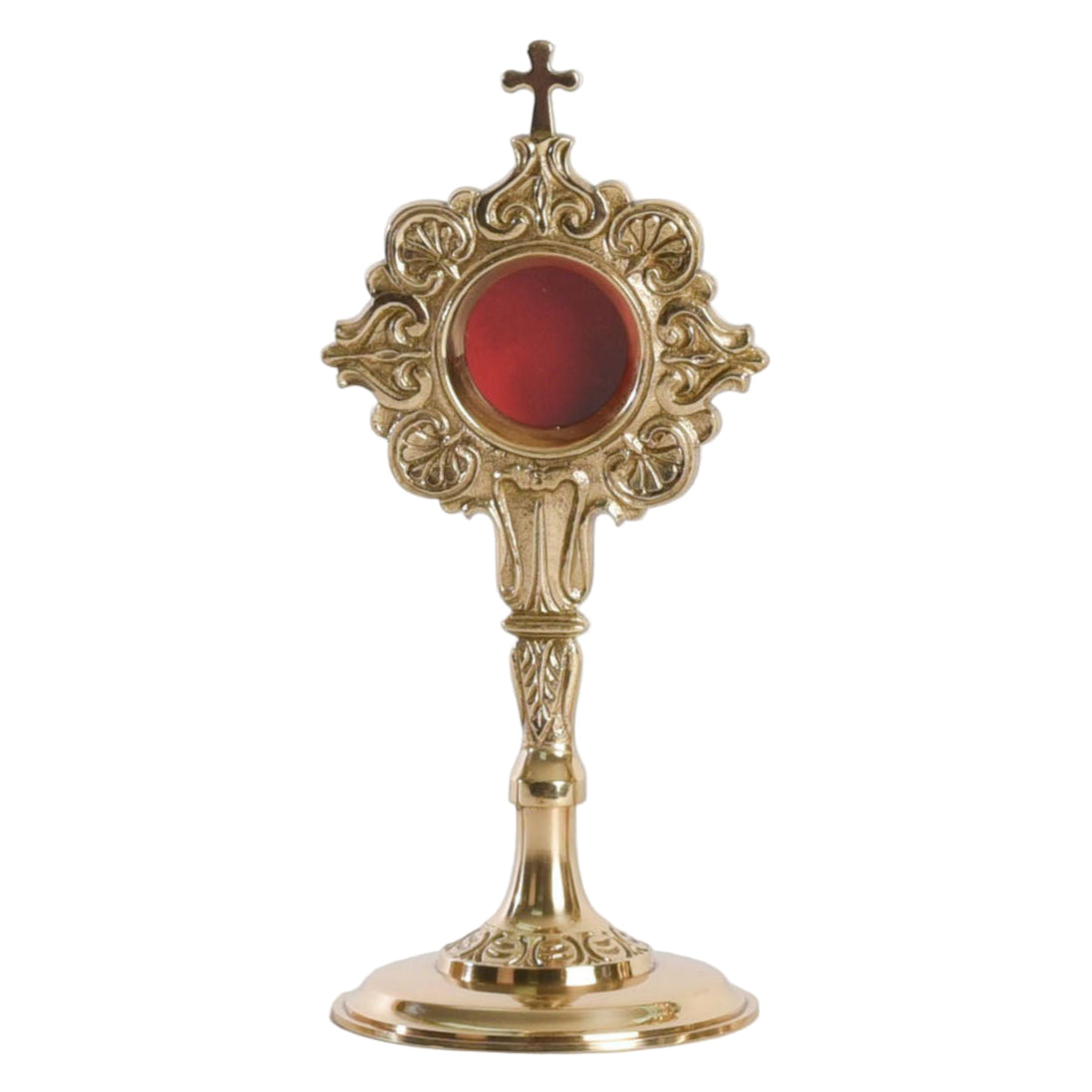 A French style reliquary made of high polished brass with a lacquered finish, featuring a round glass relic compartment. Removable back door