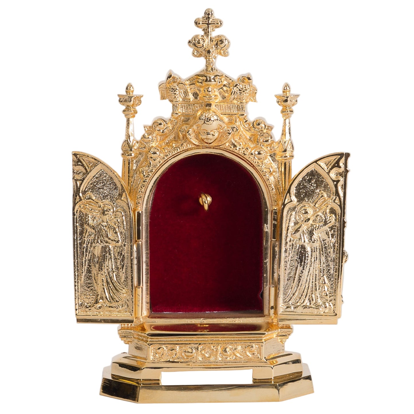 gold plated triptych reliquary with 2 doors that open and close to reveal your relic hanging from the hook inside. Ornate filgree with angels on the door.
SHOWN HERE WITH THE DOORS OPEN