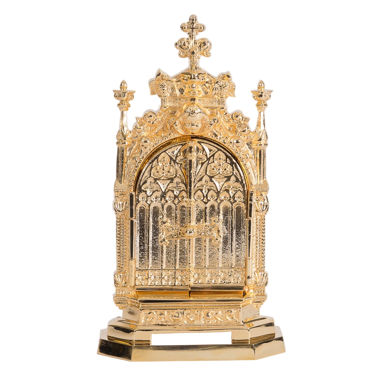 gold plated triptych reliquary with 2 doors that open and close to reveal your relic hanging from the hook inside. Ornate filgree with angels on the door. SHOWN HERE WITH THE DOORS CLOSED.