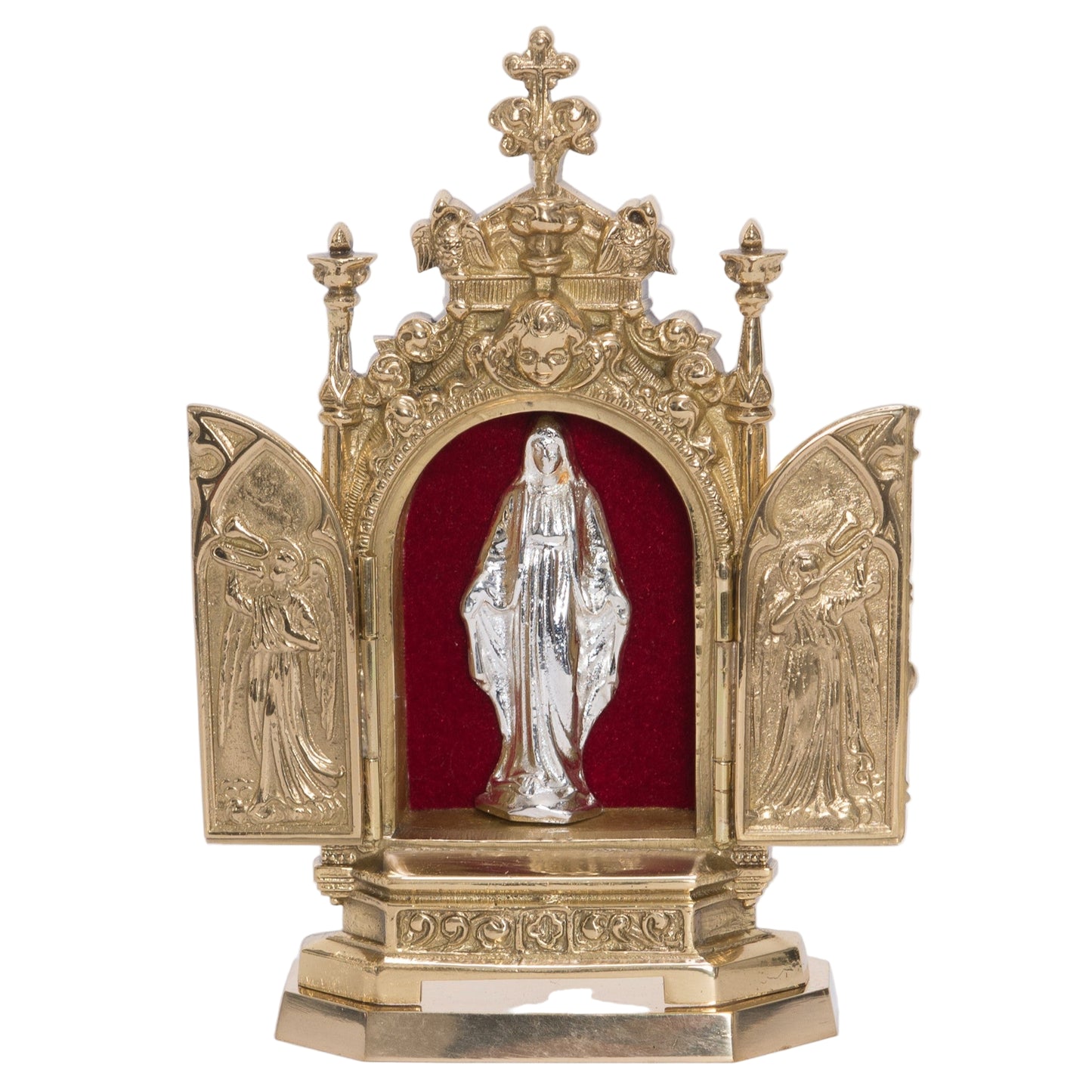 brass triptych reliquary with 2 doors that open and close to reveal a silver plated standing Mary figure inside. Ornate filgree with angels on the door.
SHOWN HERE WITH THE DOORS OPEN