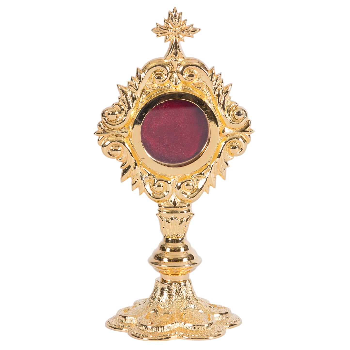 Gold plated French style reliquary with a round relic compartment and a glass front. Front View