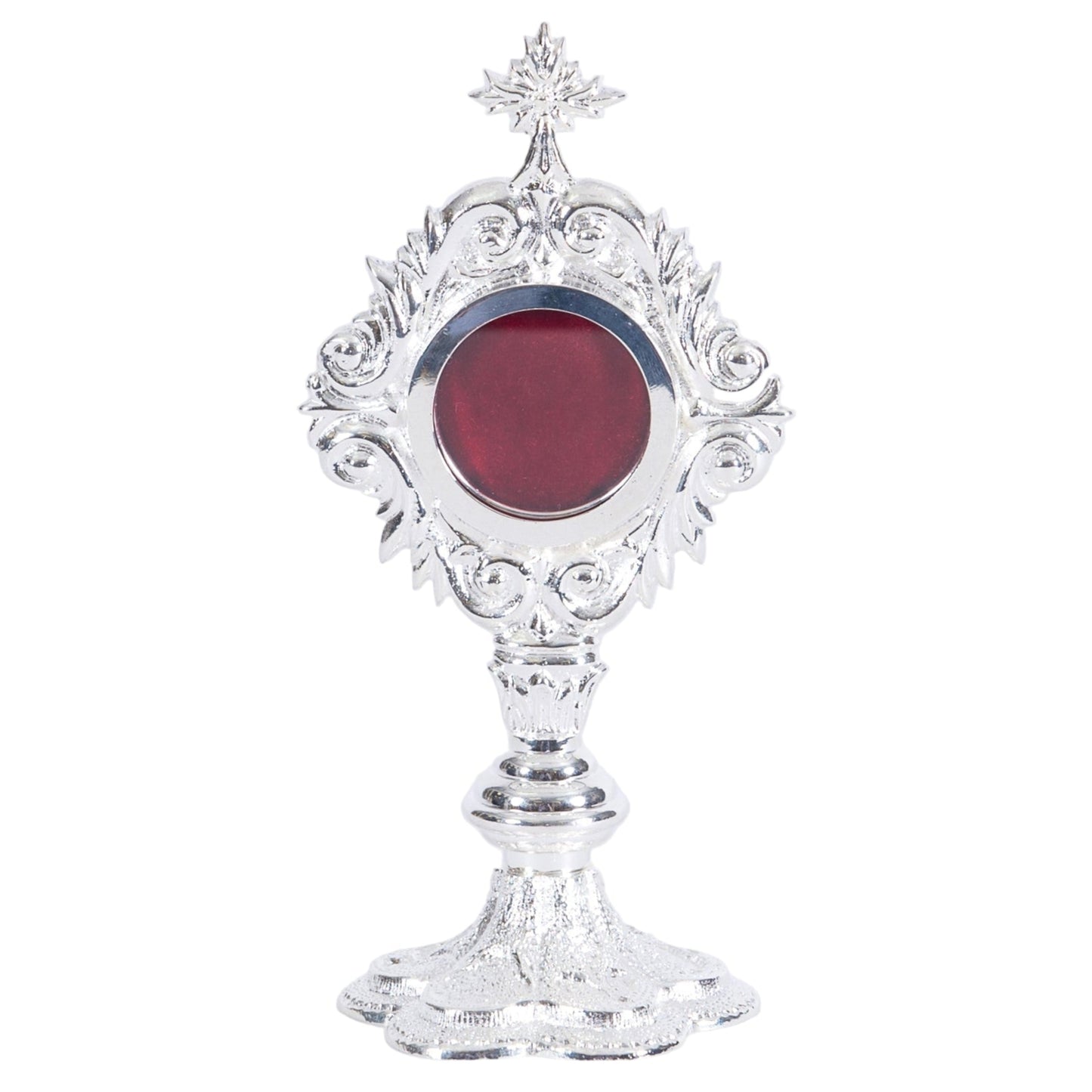 Silver plated French style reliquary with a round relic compartment and a glass front. Front View