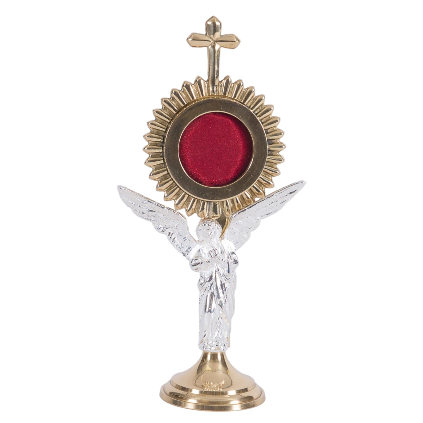 Brass Rays reliquary with a beautiful Silver plated standing Angel figure as the stem. Glass on front and removable back door to house your relic.