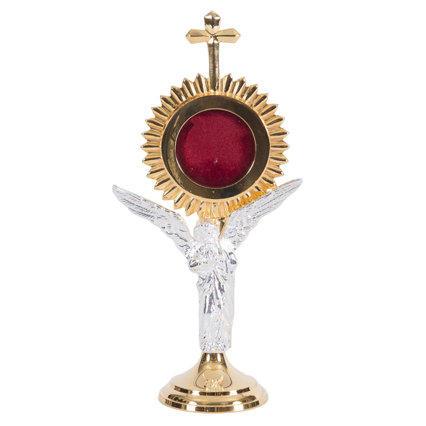 gold plated Rays reliquary with a Silver Plated standing angel figure on the stem. Glass in front and a removable back to house your relic. FRONT VIEW