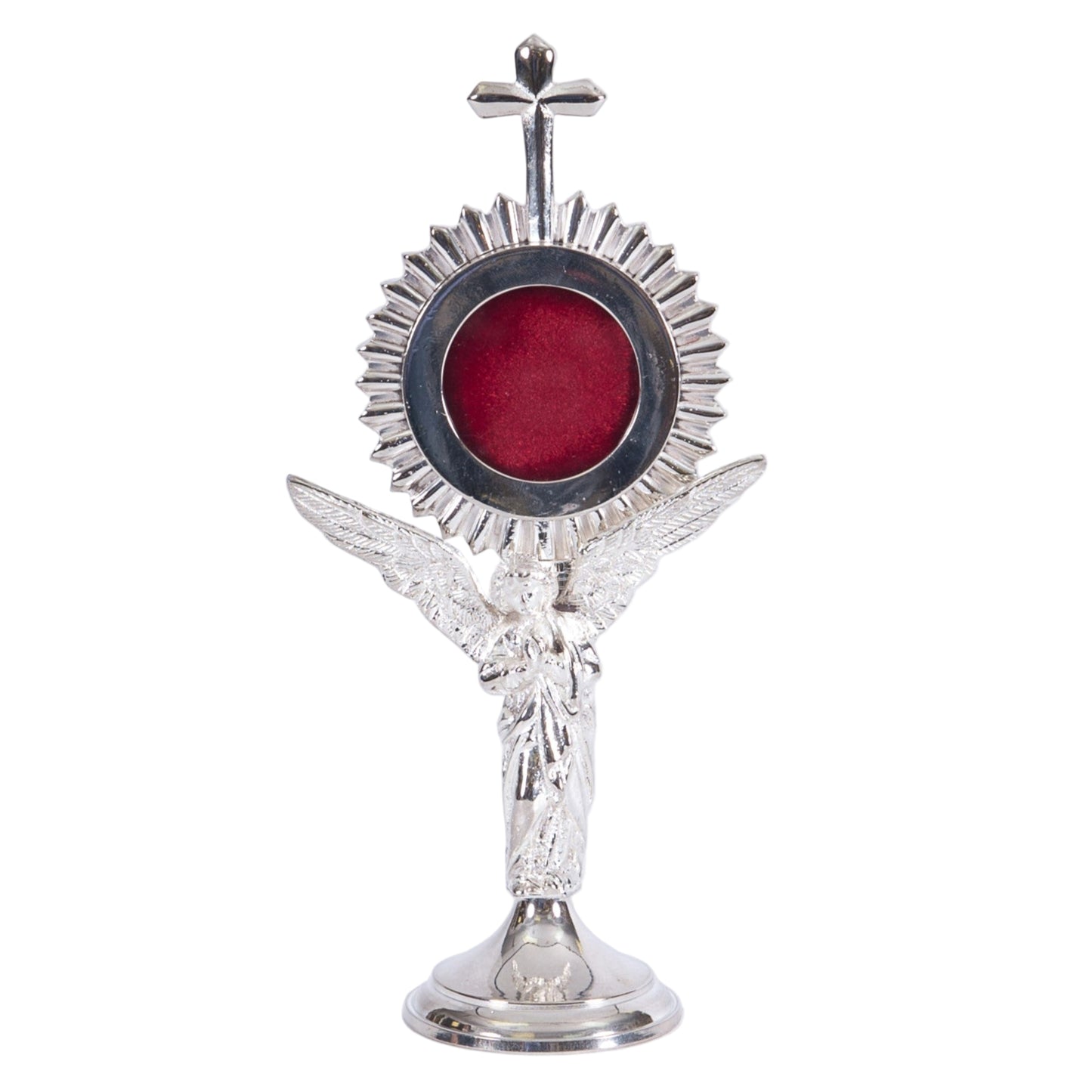 silver plated Rays reliquary with a standing angel figure as the stem. Glass on the front and removable back to display your relic. Front view