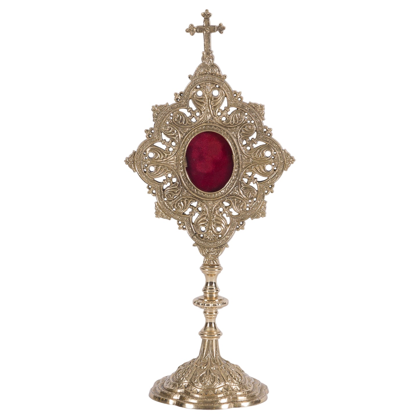 Ornate filigree reliquary in a polished brass and lacquered finish. Glass on the front and a removable door to house your relic.
FRONT VIEW
