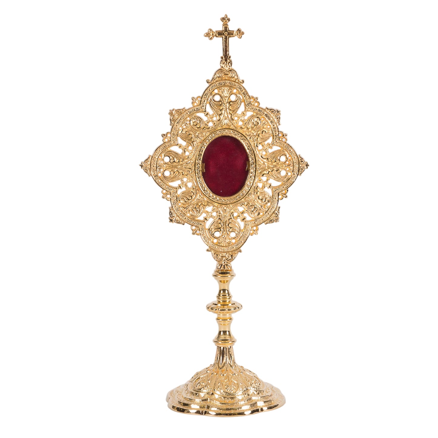 Ornate filigree reliquary in a gold plated finish. Glass on the front and a removable door to house your relic.
FRONT VIEW