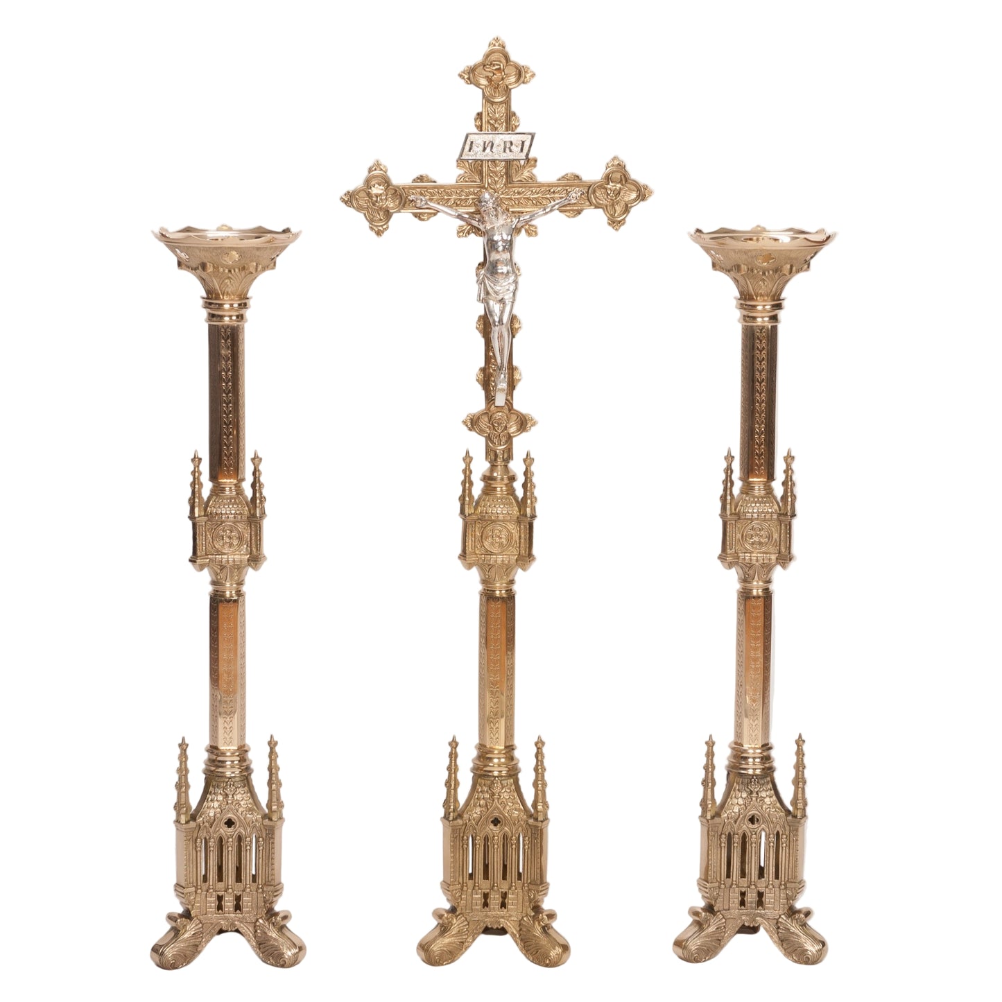 Pair of traditional brass gothic candlesticks with matching altar cross, traditional gothic candlesticks with altar cross, brass candlesticks, gothic candlesticks with altar cross, gothic altar cross, brass gothic altar cross, crucifix with silver corpus
