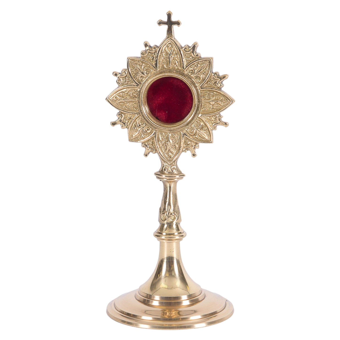 Polished brass and lacquered ornate French style reliquary with a handle on the back for veneration. Glass on front and removable back door to house your relic. FRONT VIEW