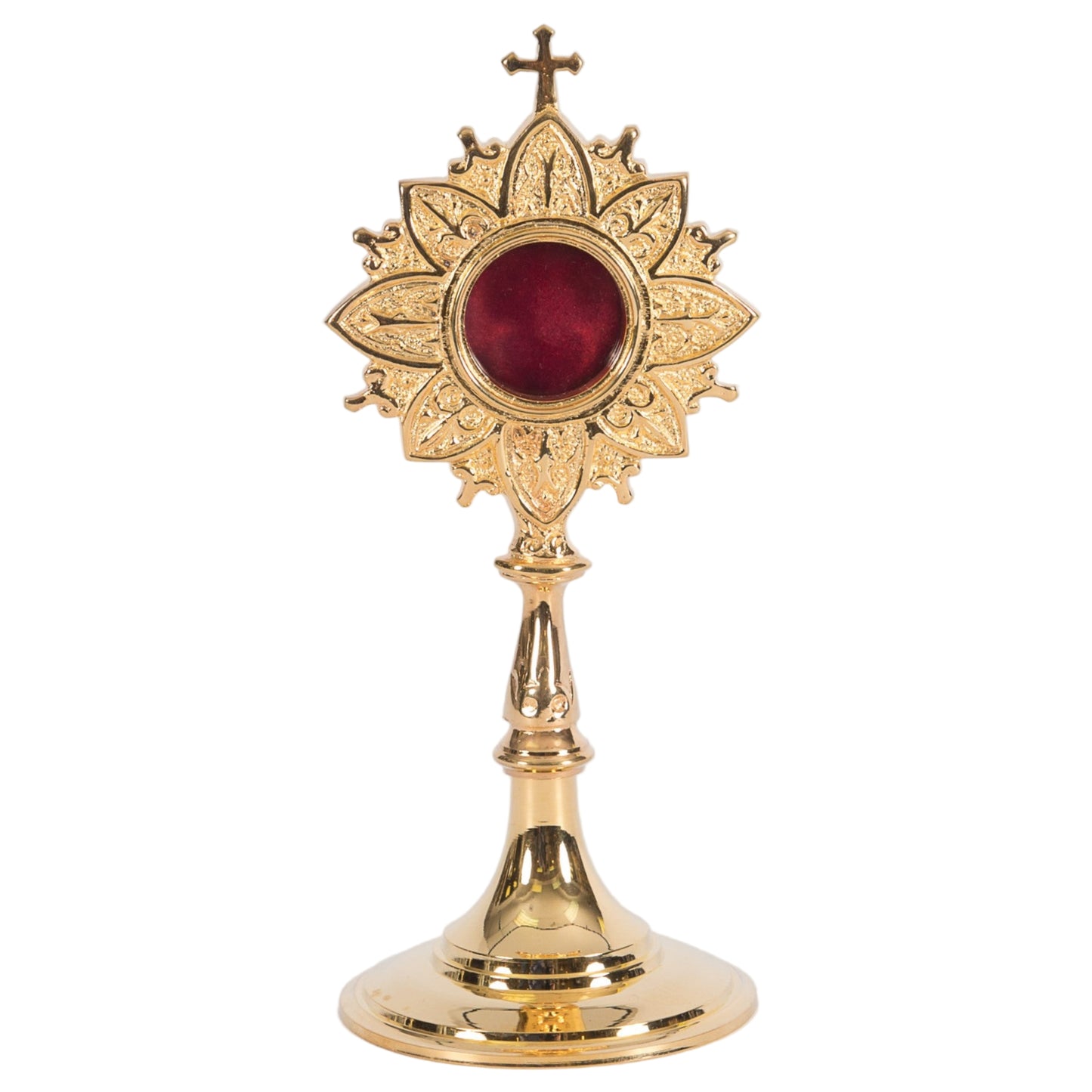 Gold plated brass veneration reliquary with a round glass relic compartment at the top. Handle on the back for easy veneration use. All gold plated over brass.
FRONT VIEW