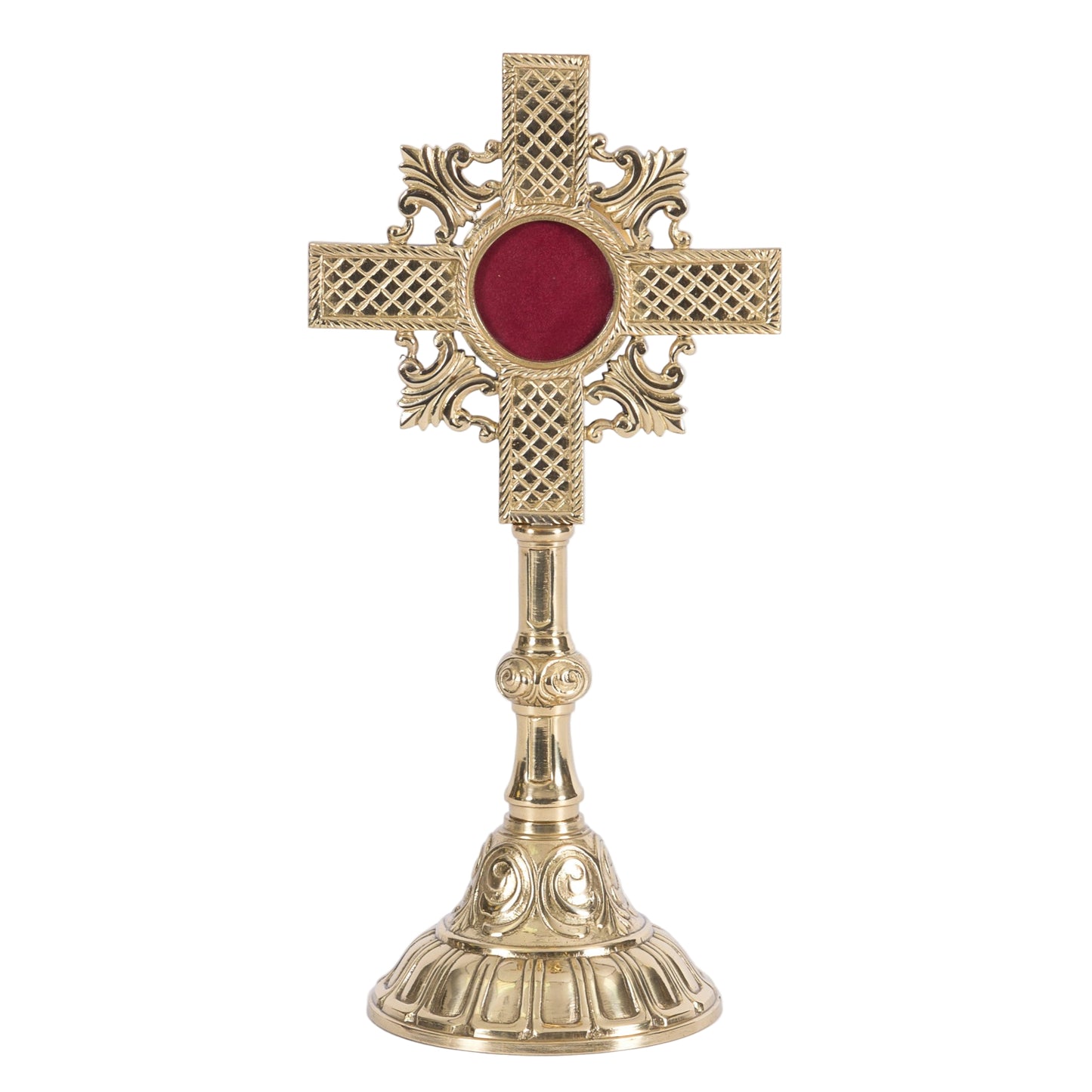Cross shaped reliquary. Polished brass and lacquered. Glass on front and removable back to house your relic.
FRONT VIEW