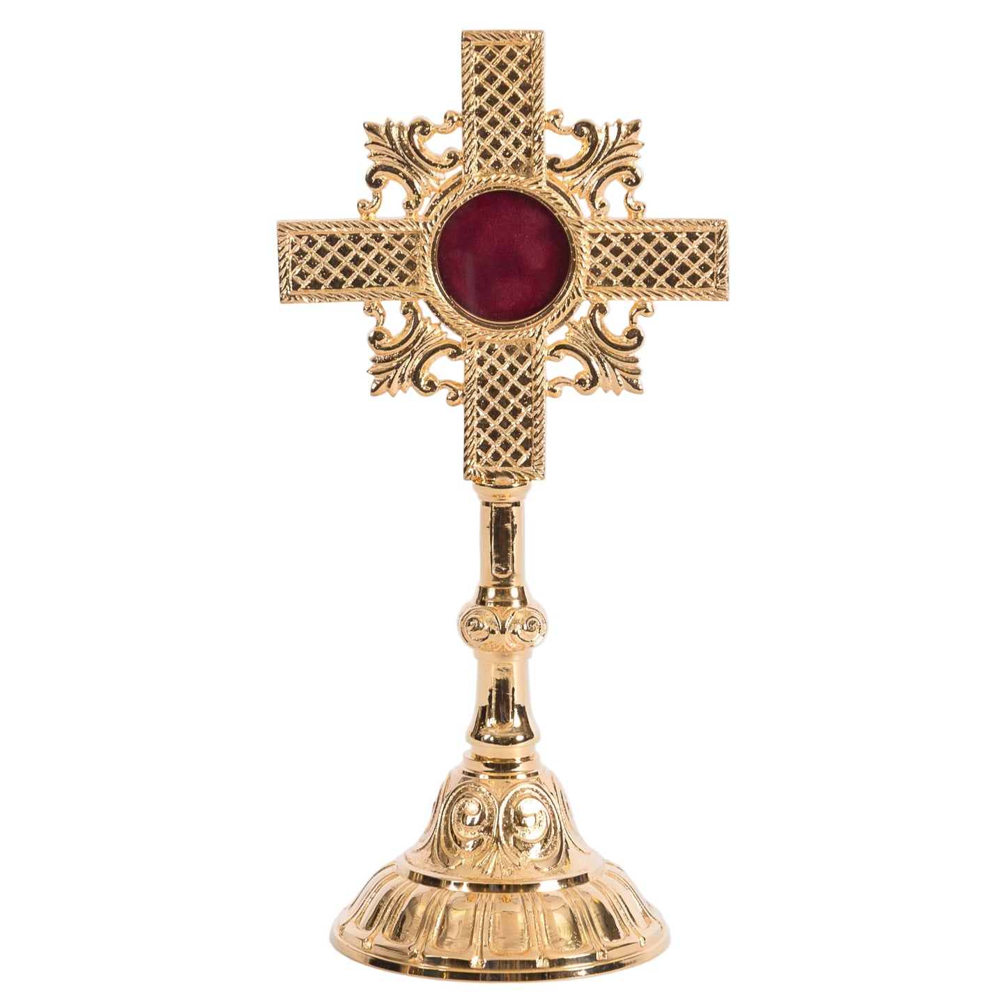 Gold Plated cross shaped reliquary. Glass on the front and removable back door. FRONT VIEW