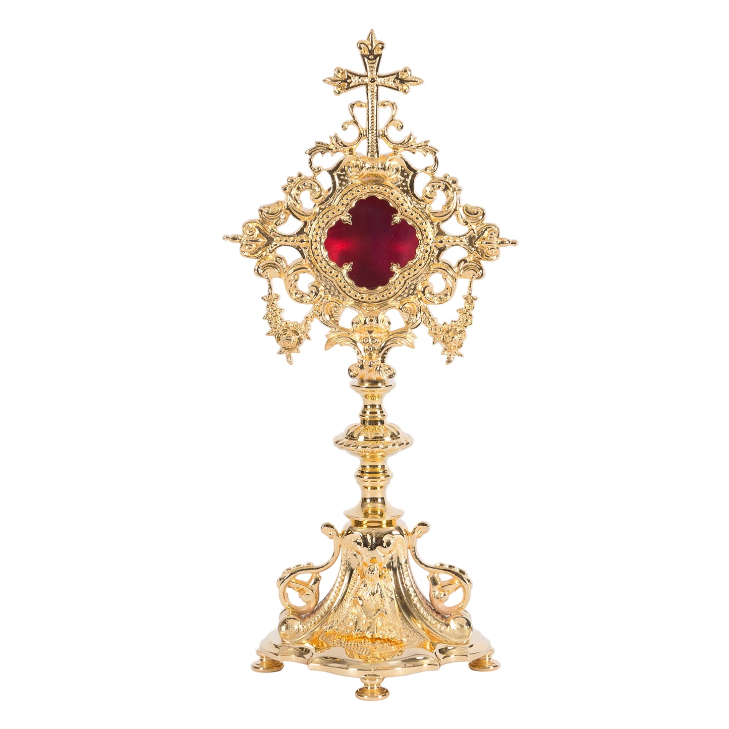 Gold plated french baroque style reliquary with glass on the front and a removable back door to house your relic.