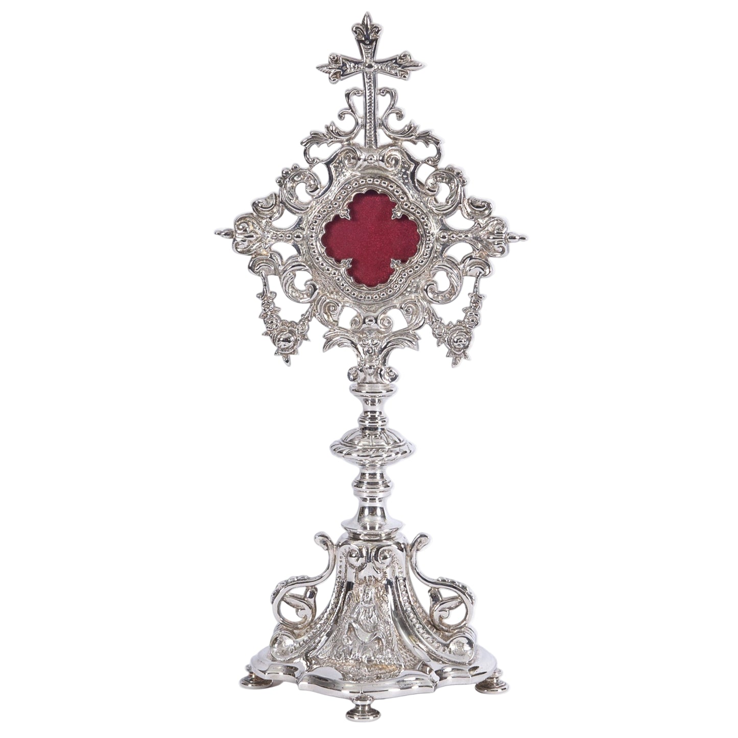 Silver plated french baroque style reliquary. Glass on front and removable glass door to house your relic.
