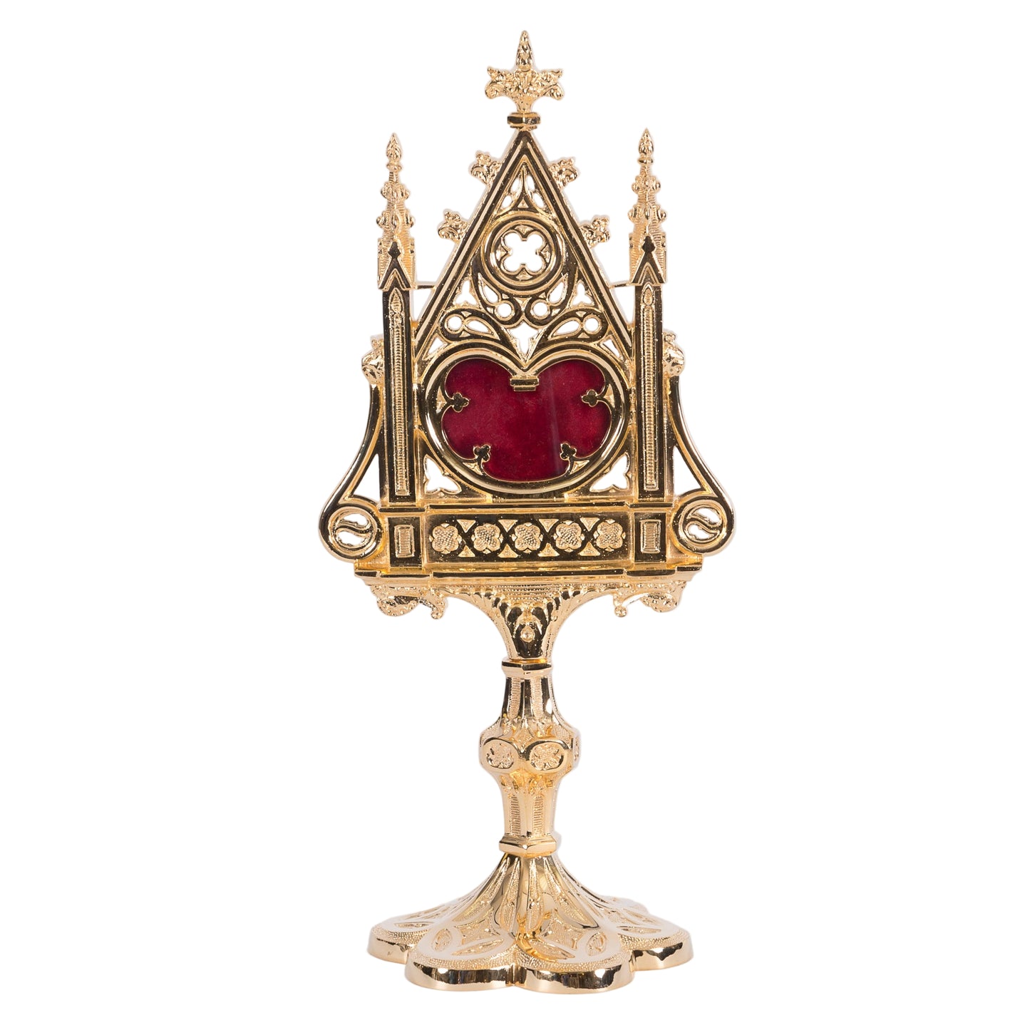 Large gold plated ornate reliquary with a heart shaped glass opening on the front and removable back door to hours your relic. All gold plated.