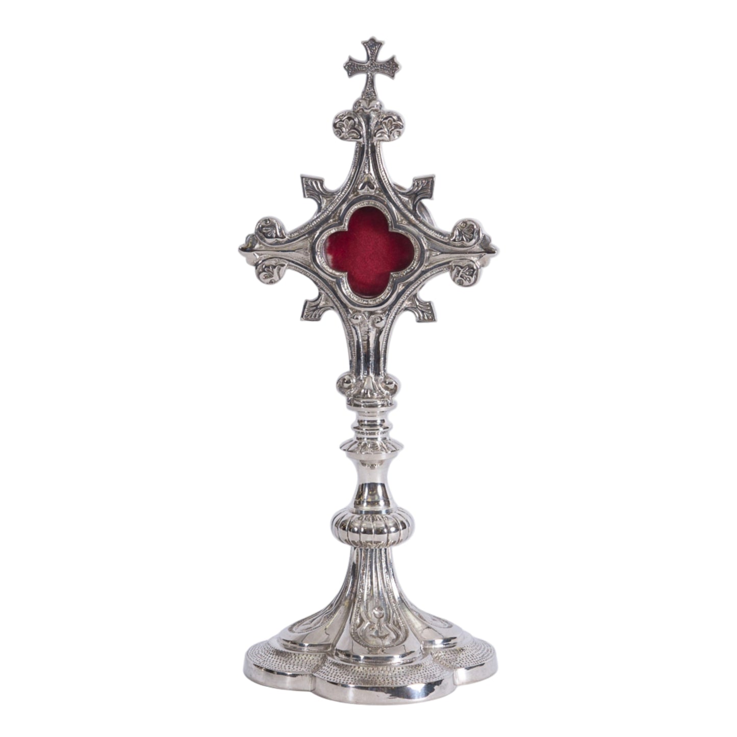 Silver plated French style fleur de lis cross reliquary with a clear front glass and removable back door.