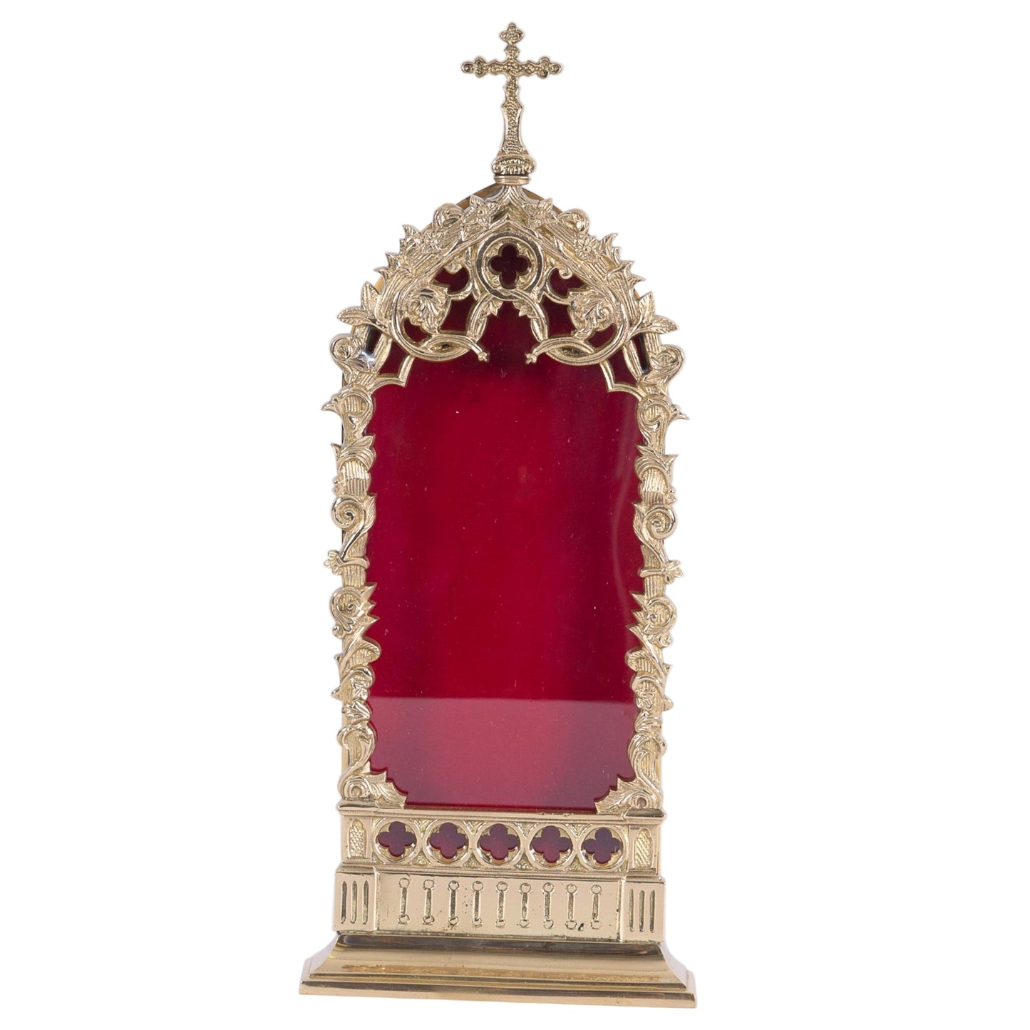 A polished brass and lacquered relic shrine with a front glass view and ornate frame, designed for multiple theca display.