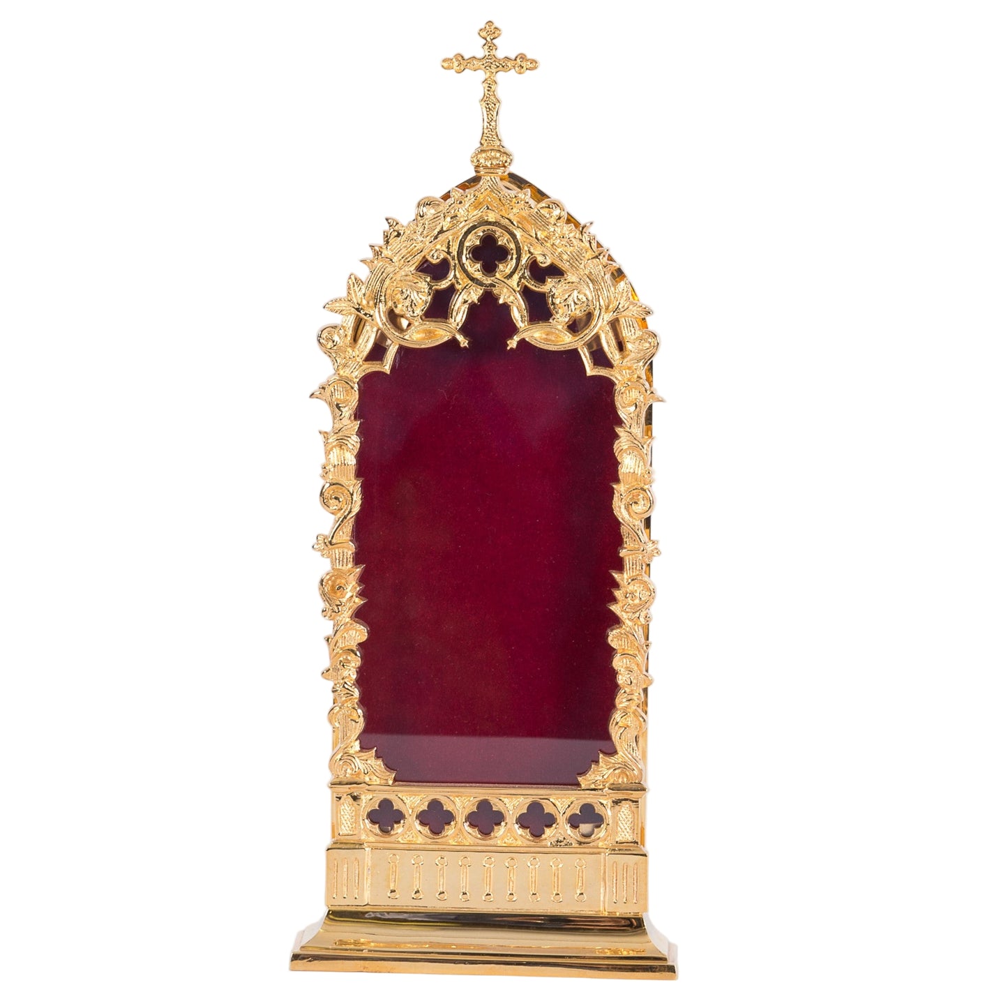 gold plated relic house with a large glass opening on the front and red velvet wall on the back. Door is removable. Can fit multiple relics inside.