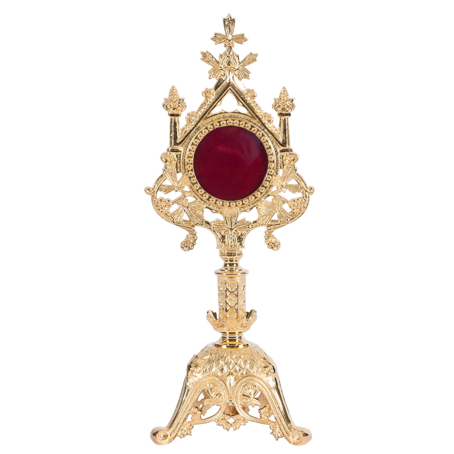 Gold plated traditional reliquary with a large front glass and a triangular base, designed for holding relics.