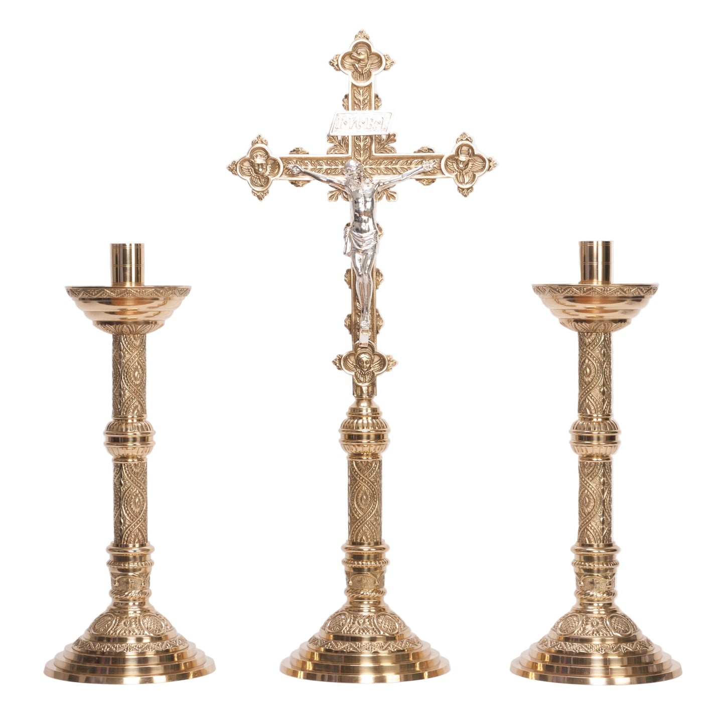 pair of decorative medium brass altar candlesticks with matching altar cross, medium size altar candlesticks with altar cross, brass altar candlesticks with altar cross, medium altar candlesticks, altar candlesticks, altar cross, brass altar cross, crucifix with silver corpus, 18 1/2" tall altar candlesticks