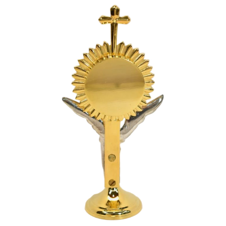 gold plated Rays reliquary with a Silver Plated standing angel figure on the stem. Glass in front and a removable back to house your relic. BACK VIEW