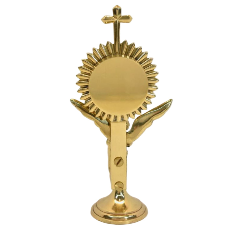 Polished brass and lacquered rays reliquary with standing Angel figure as the stem. Glass on front and removable back door. Back view showing door.