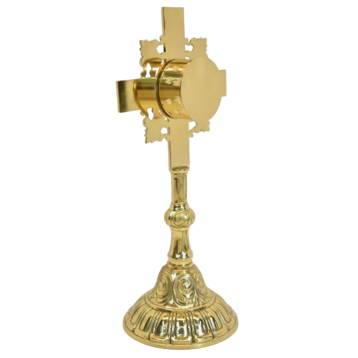 Cross shaped reliquary. Polished brass and lacquered. Glass on front and removable back to house your relic.
SIDE VIEW