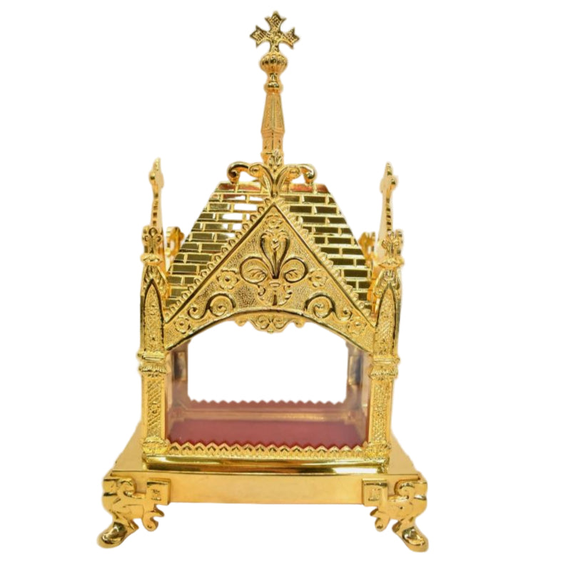 Gold plated ornate reliquary shrine with clear glass on all four sides. To display your relic.