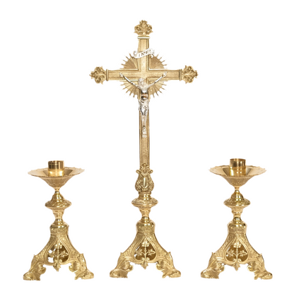 Short decorative ornate baroque style altar cross, crucifix with silver corpus, brass altar cross with 2 candlesticks, matching candlesticks