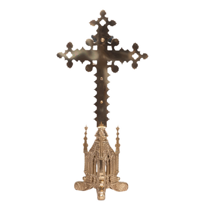 Shorter decorative brass altar cross, crucifix with silver corpus, traditional gothic altar cross, altar cross, backside