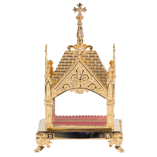 Gold plated ornate reliquary shrine with clear glass on all four sides. To display your relic. 