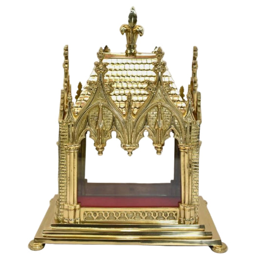 large brass relic shrine with clear glass on all four sides. to display your relic