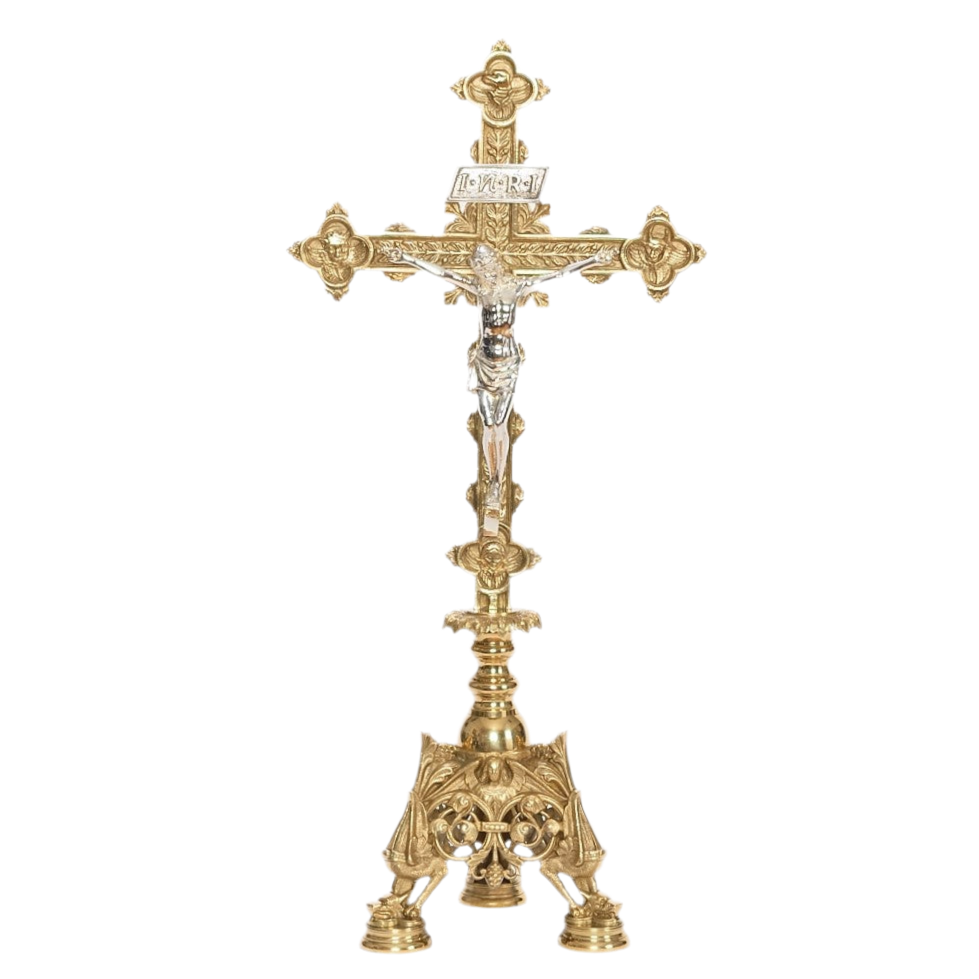 Baroque brass altar cross with silver corpus, crucifix with silver corpus, brass altar cross