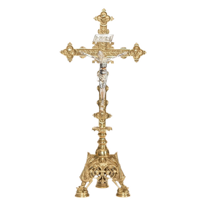 Baroque brass altar cross with silver corpus, crucifix with silver corpus, brass altar cross